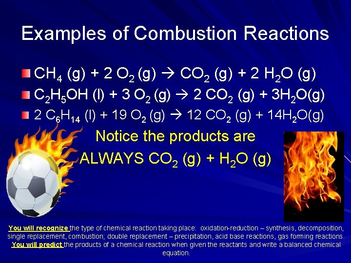 Examples of Combustion Reactions CH 4 (g) + 2 O 2 (g) CO 2