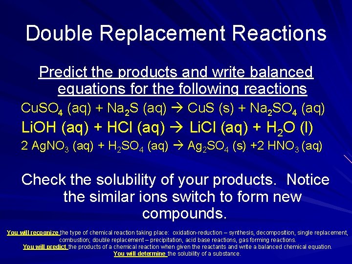 Double Replacement Reactions Predict the products and write balanced equations for the following reactions