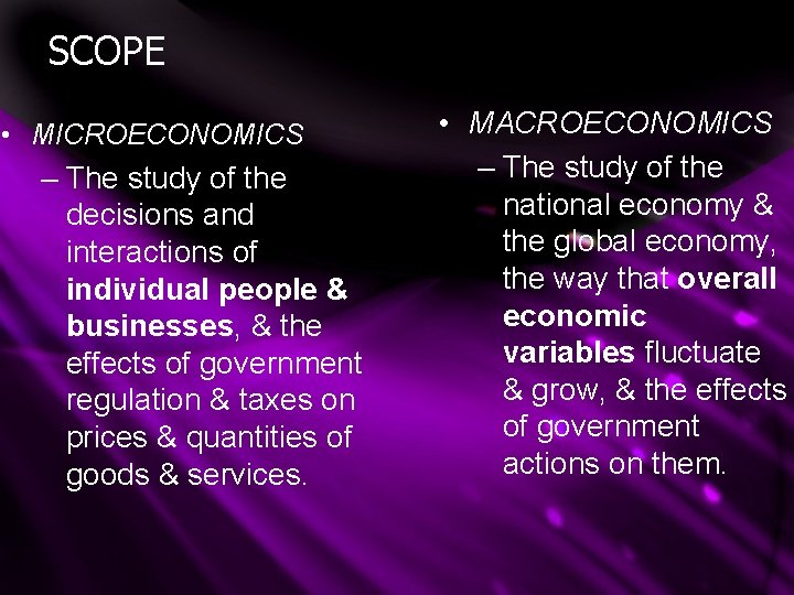 SCOPE • MICROECONOMICS – The study of the decisions and interactions of individual people SCOPE • MICROECONOMICS – The study of the decisions and interactions of individual people