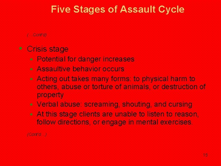 Five Stages of Assault Cycle (…Cont’d) • Crisis stage § § § Potential for Five Stages of Assault Cycle (…Cont’d) • Crisis stage § § § Potential for