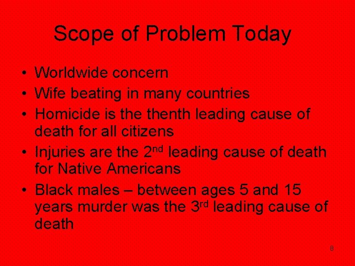 Scope of Problem Today • Worldwide concern • Wife beating in many countries • Scope of Problem Today • Worldwide concern • Wife beating in many countries •