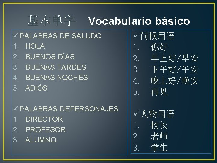 基本单字 Vocabulario básico ü PALABRAS DE SALUDO 1. HOLA 2. BUENOS DÍAS 3. BUENAS