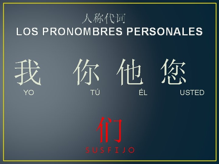 人称代词　 LOS PRONOMBRES PERSONALES 我 你 他 您 YO TÚ 们 ＳＵＳＦＩＪＯ ÉL USTED