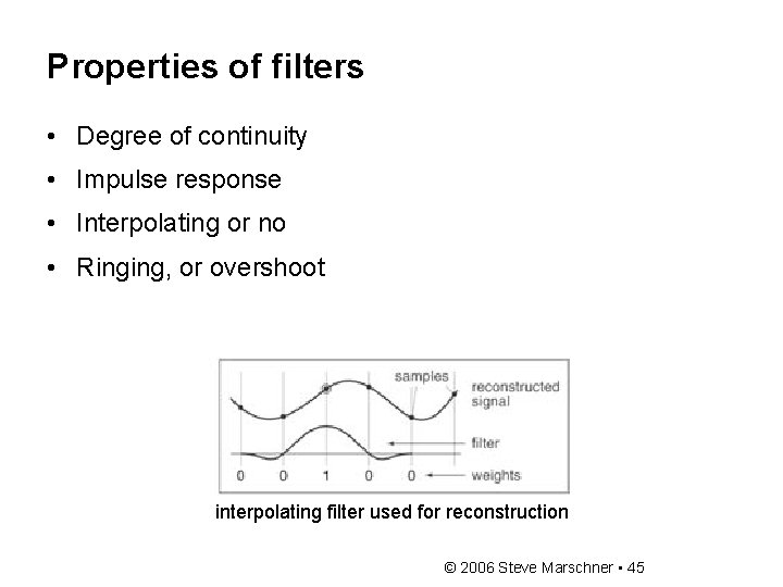 Properties of filters • Degree of continuity • Impulse response • Interpolating or no