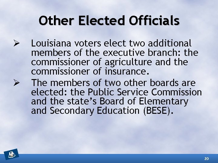 Other Elected Officials Ø Ø Louisiana voters elect two additional members of the executive