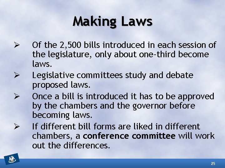 Making Laws Ø Ø Of the 2, 500 bills introduced in each session of