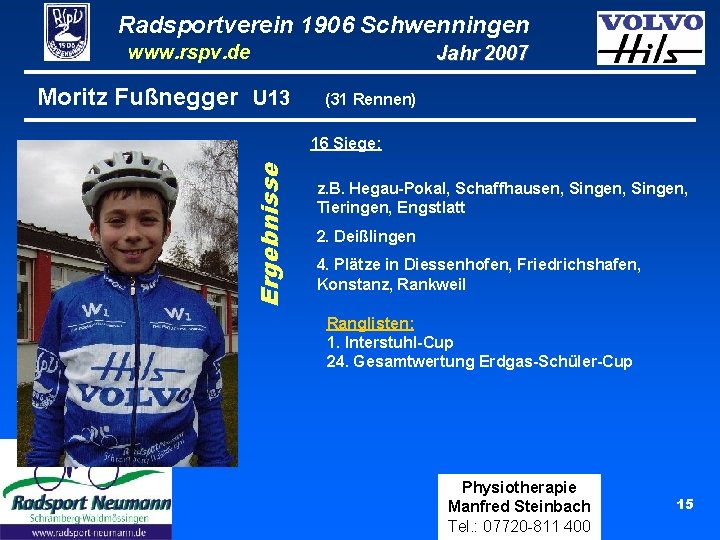 Radsportverein 1906 Schwenningen www. rspv. de Moritz Fußnegger U 13 Jahr 2007 (31 Rennen)