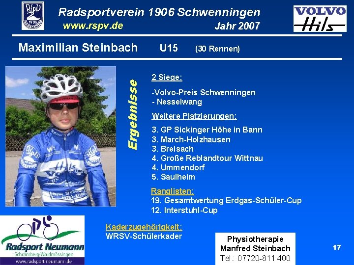 Radsportverein 1906 Schwenningen www. rspv. de Ergebnisse Maximilian Steinbach Jahr 2007 U 15 (30