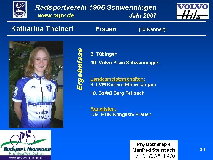 Radsportverein 1906 Schwenningen www. rspv. de Katharina Theinert Jahr 2007 Ergebnisse Frauen (10 Rennen)