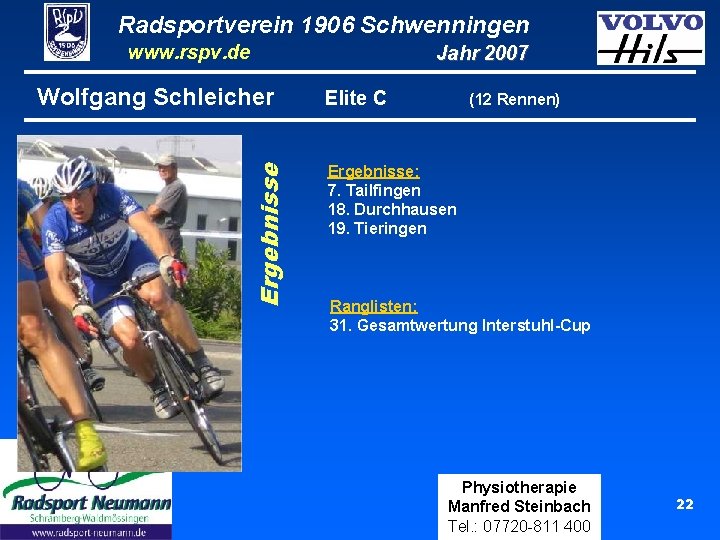 Radsportverein 1906 Schwenningen www. rspv. de Ergebnisse Wolfgang Schleicher Jahr 2007 Elite C (12