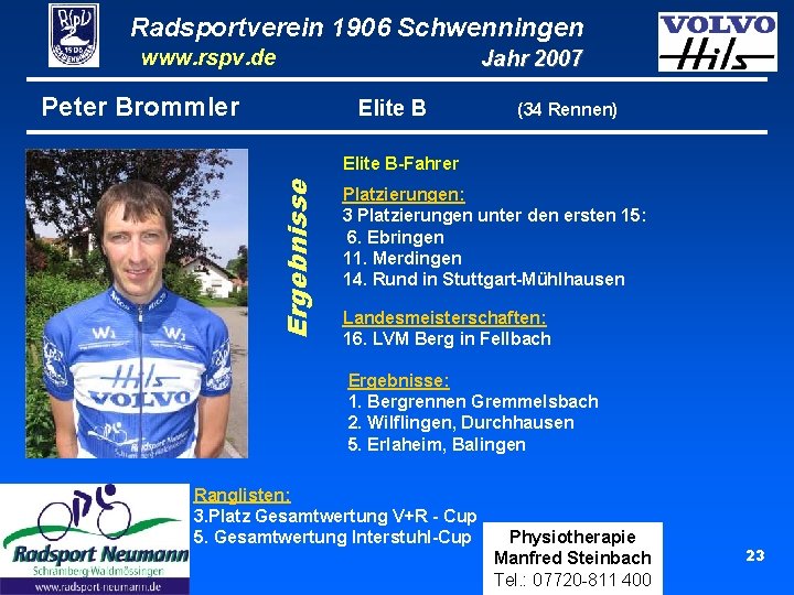 Radsportverein 1906 Schwenningen www. rspv. de Peter Brommler Jahr 2007 Elite B (34 Rennen)