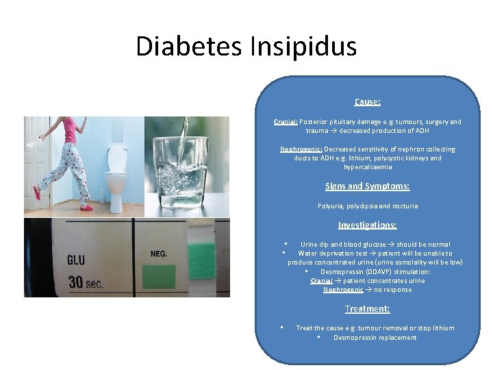 Diabetes Insipidus Cause: Cranial: Posterior pituitary damage e. g. tumours, surgery and trauma decreased