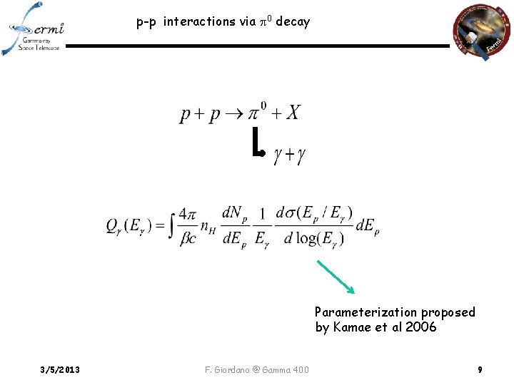 p-p interactions via 0 decay Parameterization proposed by Kamae et al 2006 3/5/2013 F.