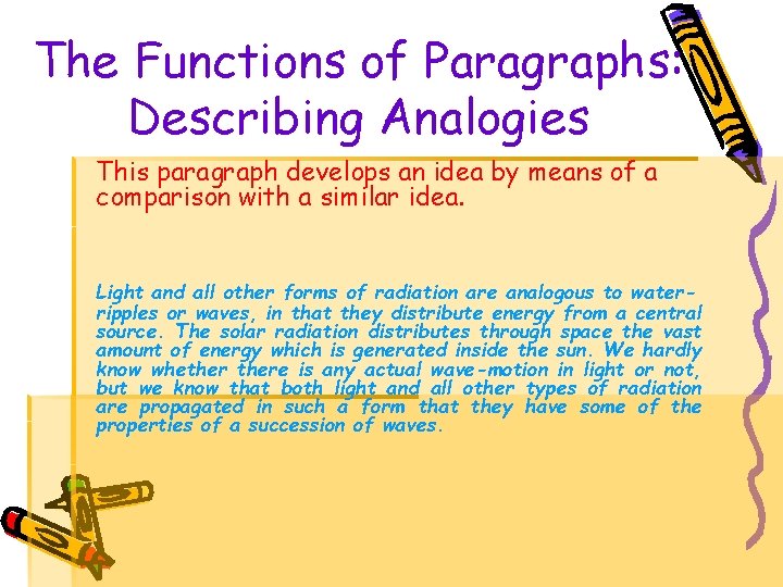 The Functions of Paragraphs: Describing Analogies This paragraph develops an idea by means of