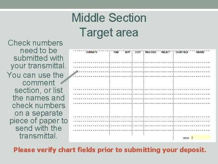 Middle Section Target area Check numbers need to be submitted with your transmittal. You