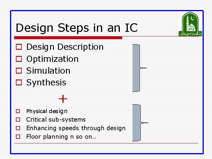 Design Steps in an IC o o Design Description Optimization Simulation Synthesis + o