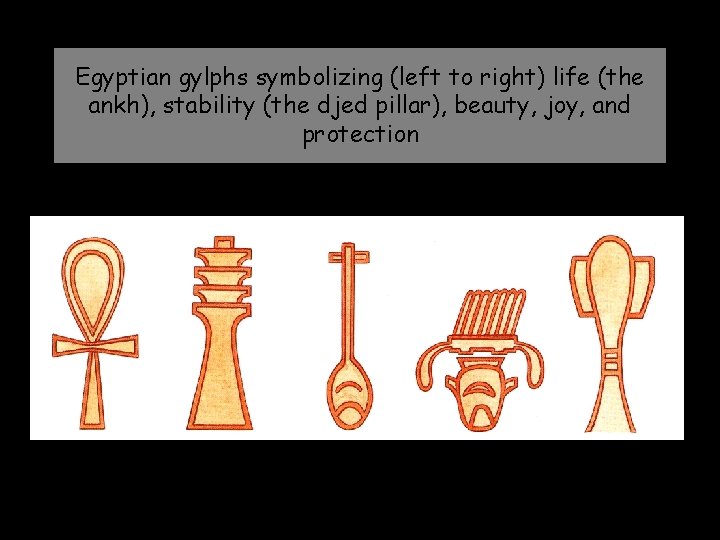 Egyptian gylphs symbolizing (left to right) life (the ankh), stability (the djed pillar), beauty,