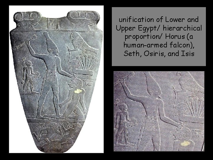 unification of Lower and Upper Egypt/ hierarchical proportion/ Horus (a human-armed falcon), Seth, Osiris,