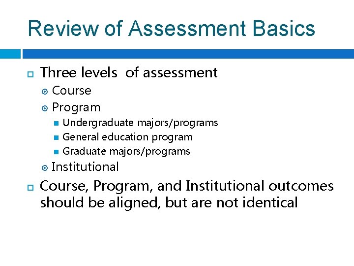 Review of Assessment Basics Three levels of assessment Course Program Undergraduate majors/programs General education