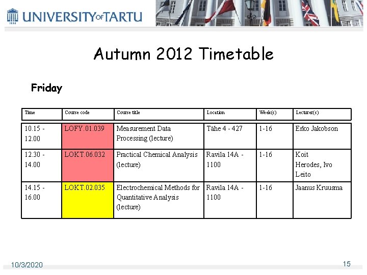 Autumn 2012 Timetable Friday Time Course code Course title Location Week(s) Lecturer(s) 10. 15 Autumn 2012 Timetable Friday Time Course code Course title Location Week(s) Lecturer(s) 10. 15