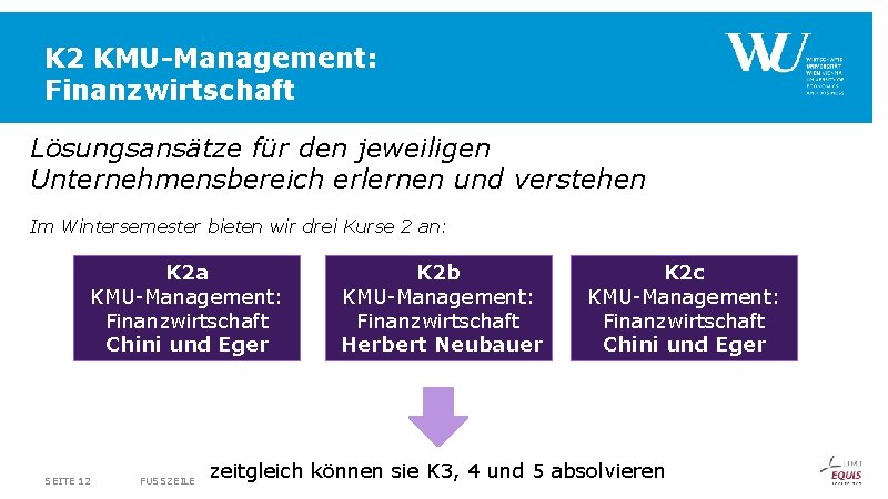 K 2 KMU-Management: Finanzwirtschaft Lösungsansätze für den jeweiligen Unternehmensbereich erlernen und verstehen Im Wintersemester K 2 KMU-Management: Finanzwirtschaft Lösungsansätze für den jeweiligen Unternehmensbereich erlernen und verstehen Im Wintersemester