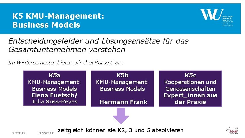 K 5 KMU-Management: Business Models Entscheidungsfelder und Lösungsansätze für das Gesamtunternehmen verstehen Im Wintersemester K 5 KMU-Management: Business Models Entscheidungsfelder und Lösungsansätze für das Gesamtunternehmen verstehen Im Wintersemester