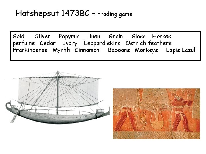 Hatshepsut 1473 BC – trading game Gold Silver Papyrus linen Grain Glass Horses perfume