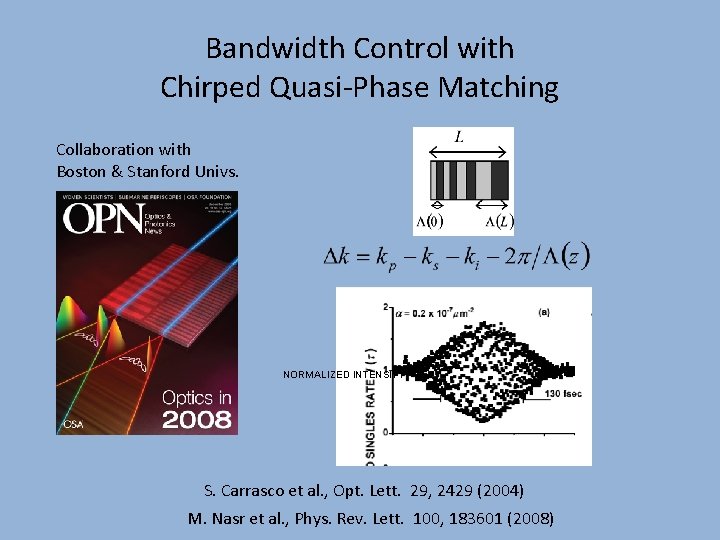 Bandwidth Control with Chirped Quasi-Phase Matching Collaboration with Boston & Stanford Univs. NORMALIZED INTENSITY