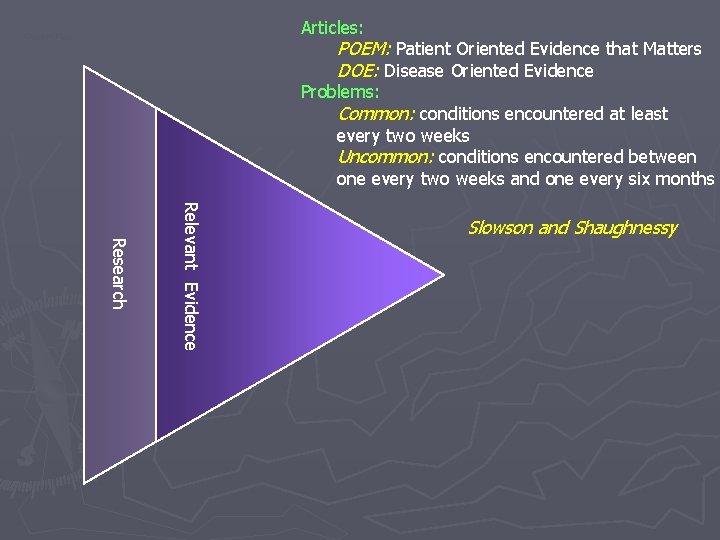 Articles: Concept Map POEM: Patient Oriented Evidence that Matters DOE: Disease Oriented Evidence Problems: Articles: Concept Map POEM: Patient Oriented Evidence that Matters DOE: Disease Oriented Evidence Problems: