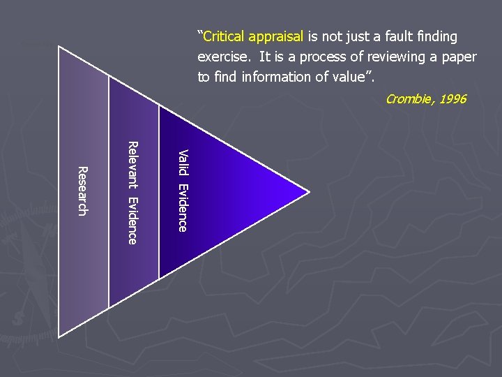 “Critical appraisal is not just a fault finding exercise. It is a process of “Critical appraisal is not just a fault finding exercise. It is a process of