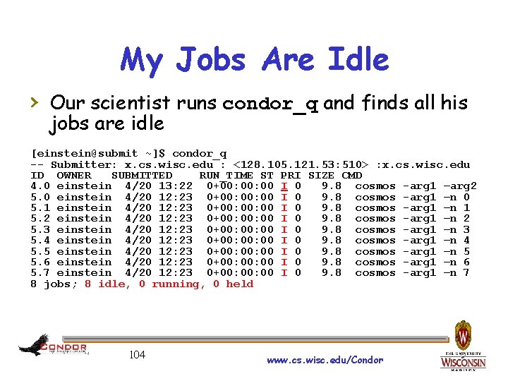 My Jobs Are Idle › Our scientist runs condor_q and finds all his jobs