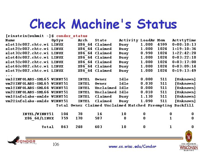 Check Machine's Status [einstein@submit ~]$ condor_status Name Op. Sys Arch State Activity Load. Av