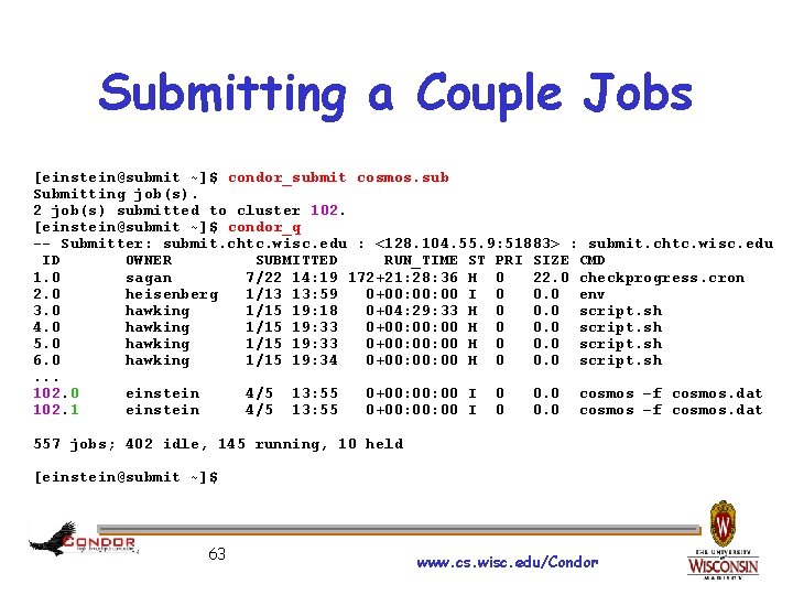 Submitting a Couple Jobs [einstein@submit ~]$ condor_submit cosmos. sub Submitting job(s). 2 job(s) submitted