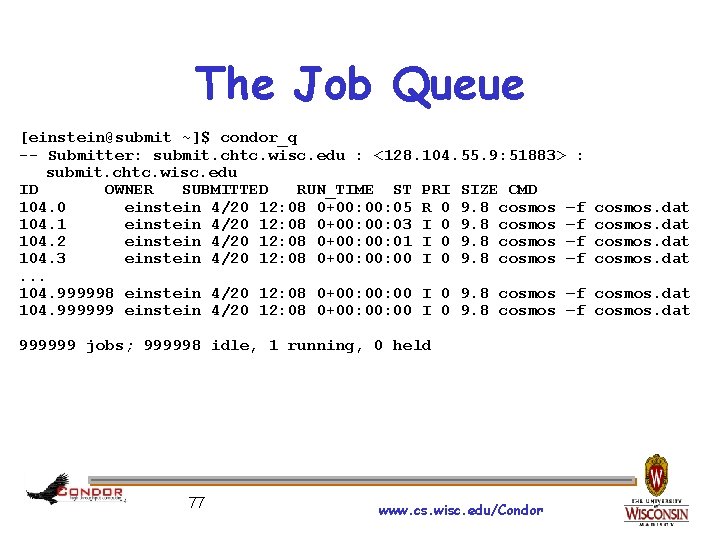 The Job Queue [einstein@submit ~]$ condor_q -- Submitter: submit. chtc. wisc. edu : <128.