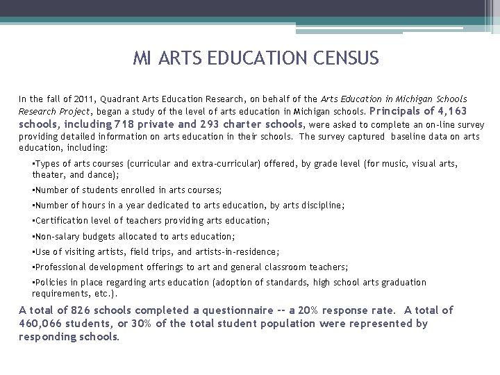 MI ARTS EDUCATION CENSUS In the fall of 2011, Quadrant Arts Education Research, on