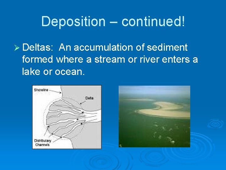 Deposition – continued! Ø Deltas: An accumulation of sediment formed where a stream or