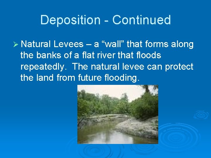 Deposition - Continued Ø Natural Levees – a “wall” that forms along the banks