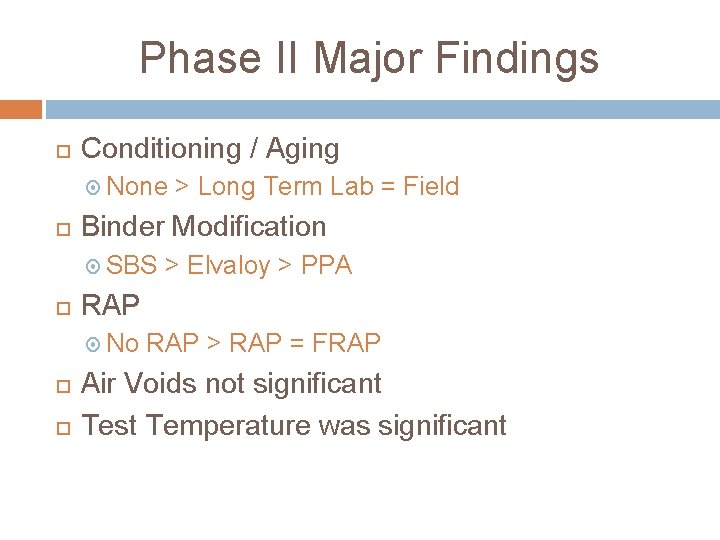Phase II Major Findings Conditioning / Aging None > Long Term Lab = Field