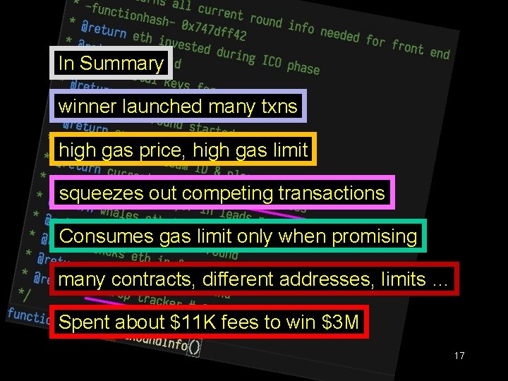 In Summary winner launched many txns high gas price, high gas limit squeezes out