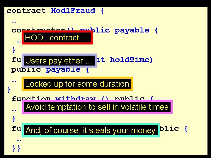 contract Hodl. Fraud { … constructor() public payable { … HODL contract … }