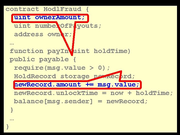 contract Hodl. Fraud { uint owner. Amount; uint number. Of. Payouts; address owner; …