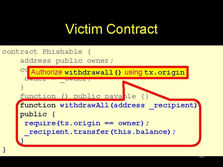 Victim Contract contract Phishable { address public owner; constructor (address _owner) { Authorize withdrawall()