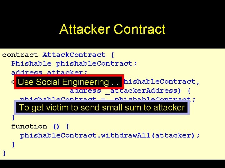 Attacker Contract contract Attack. Contract { Phishable phishable. Contract; address attacker; constructor (Phishable _phishable.