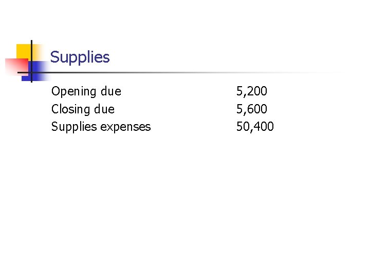 Supplies Opening due Closing due Supplies expenses 5, 200 5, 600 50, 400 