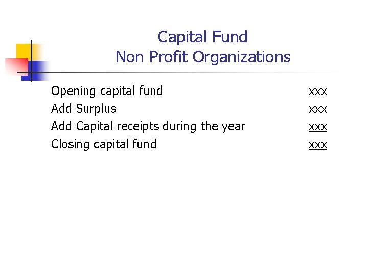 Capital Fund Non Profit Organizations Opening capital fund Add Surplus Add Capital receipts during