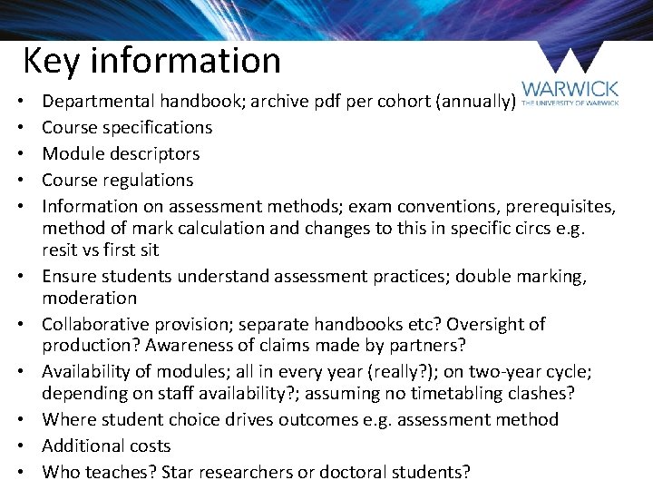 Key information • • • Departmental handbook; archive pdf per cohort (annually) Course specifications