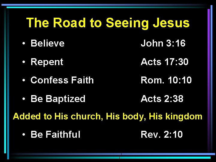 The Road to Seeing Jesus • Believe John 3: 16 • Repent Acts 17: