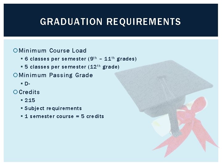 GRADUATION REQUIREMENTS Minimum Course Load § 6 classes per semester (9 th – 11