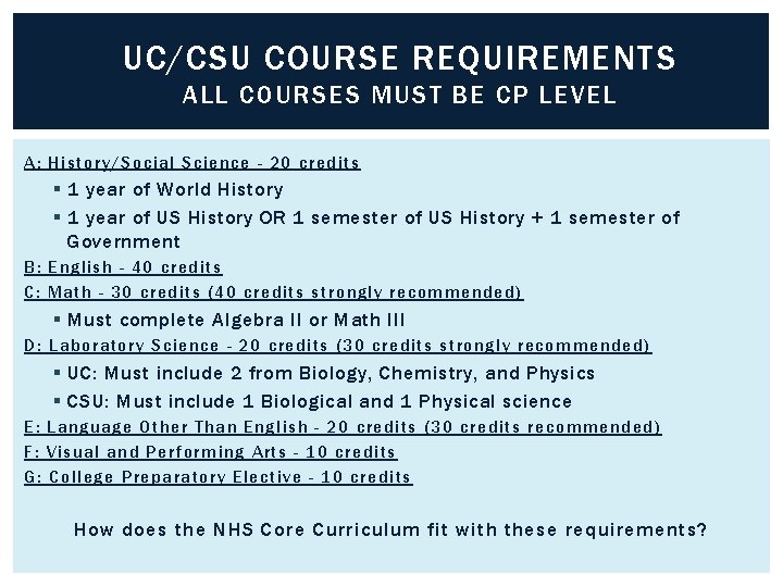 UC/CSU COURSE REQUIREMENTS ALL COURSES MUST BE CP LEVEL A: History/Social Science - 20