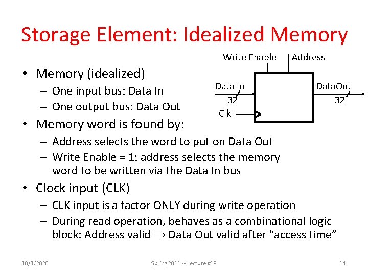 Storage Element: Idealized Memory Write Enable • Memory (idealized) – One input bus: Data